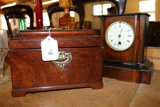 Georgian mahogany tea caddy and a mantel clock